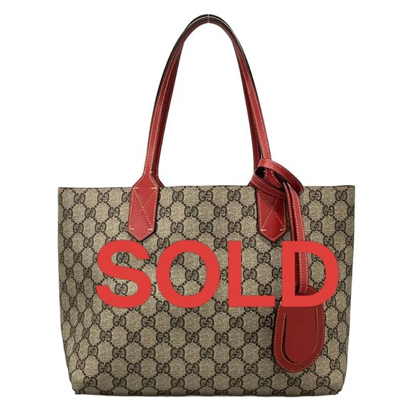 GUCCI Small GG Leather Tote Beige Dark Brown Red PVC Leather 675-060925 - Picture 1 of 14